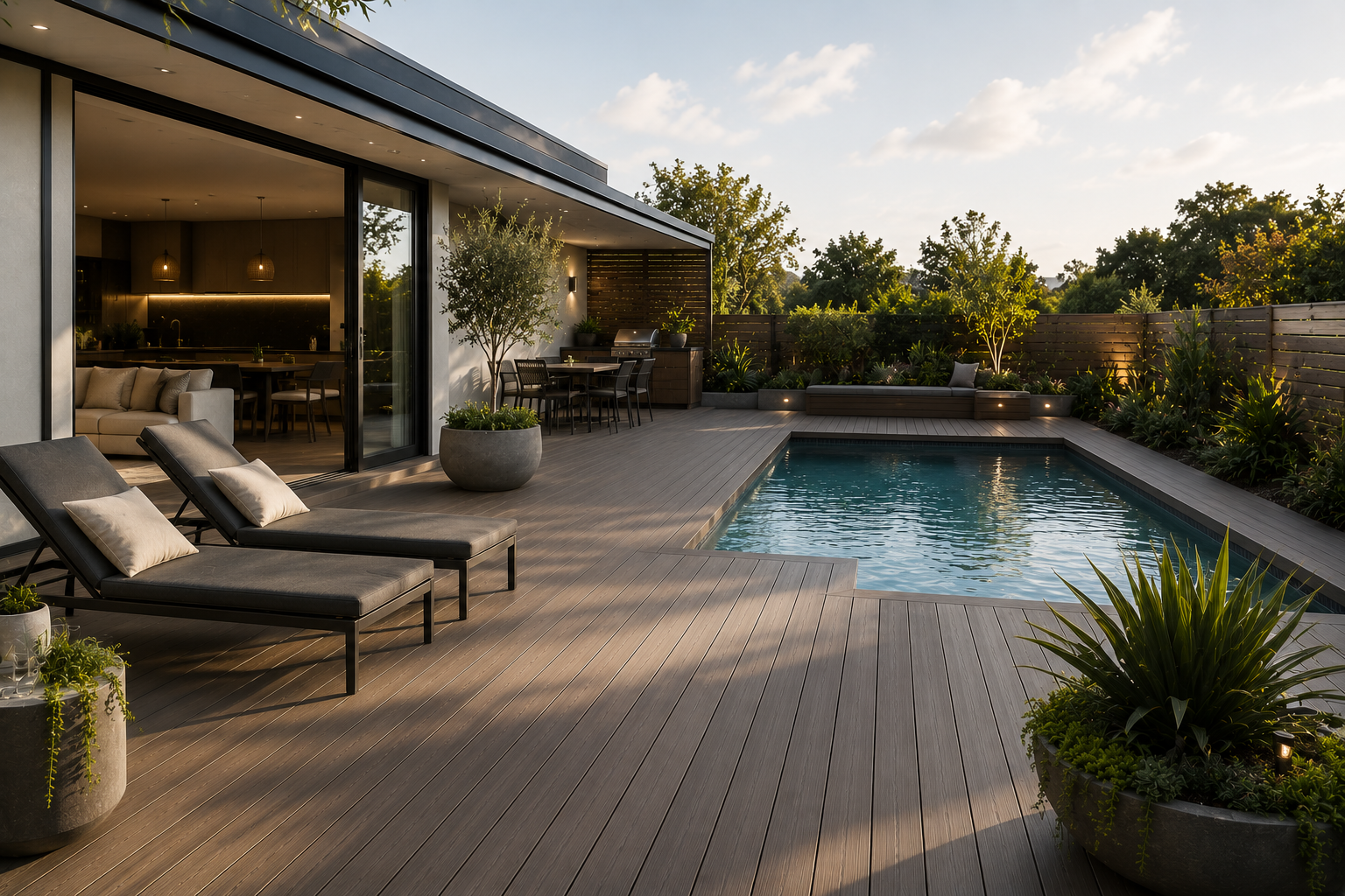 Composite pool decking with modern outdoor living area