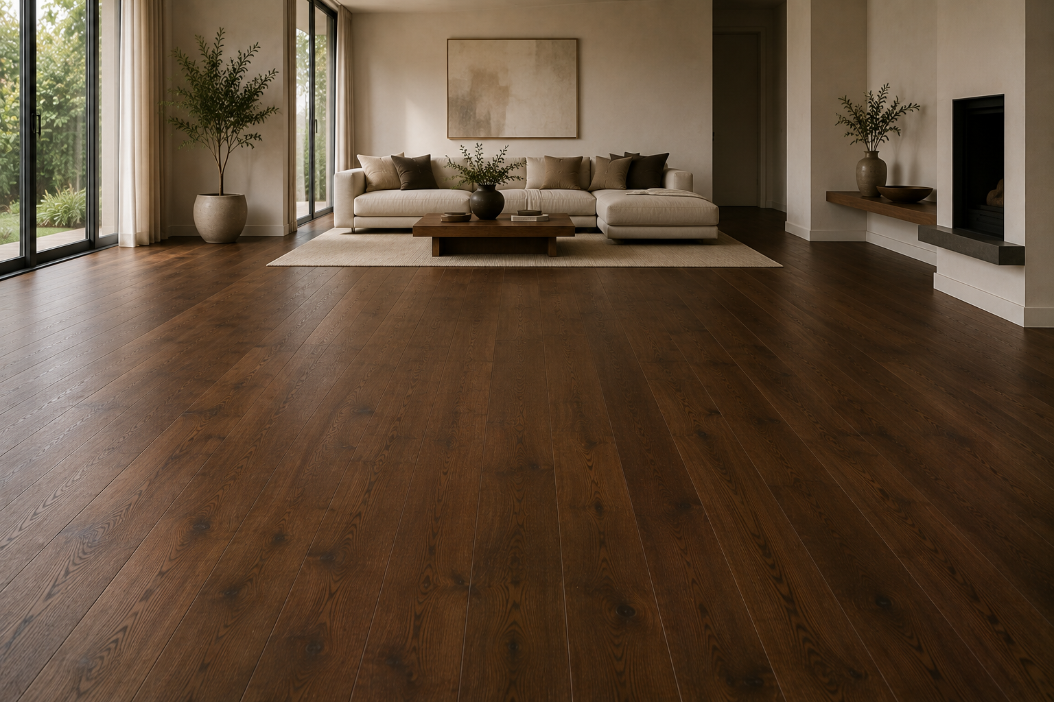 Dark oak timber flooring in modern Cape Town living room
