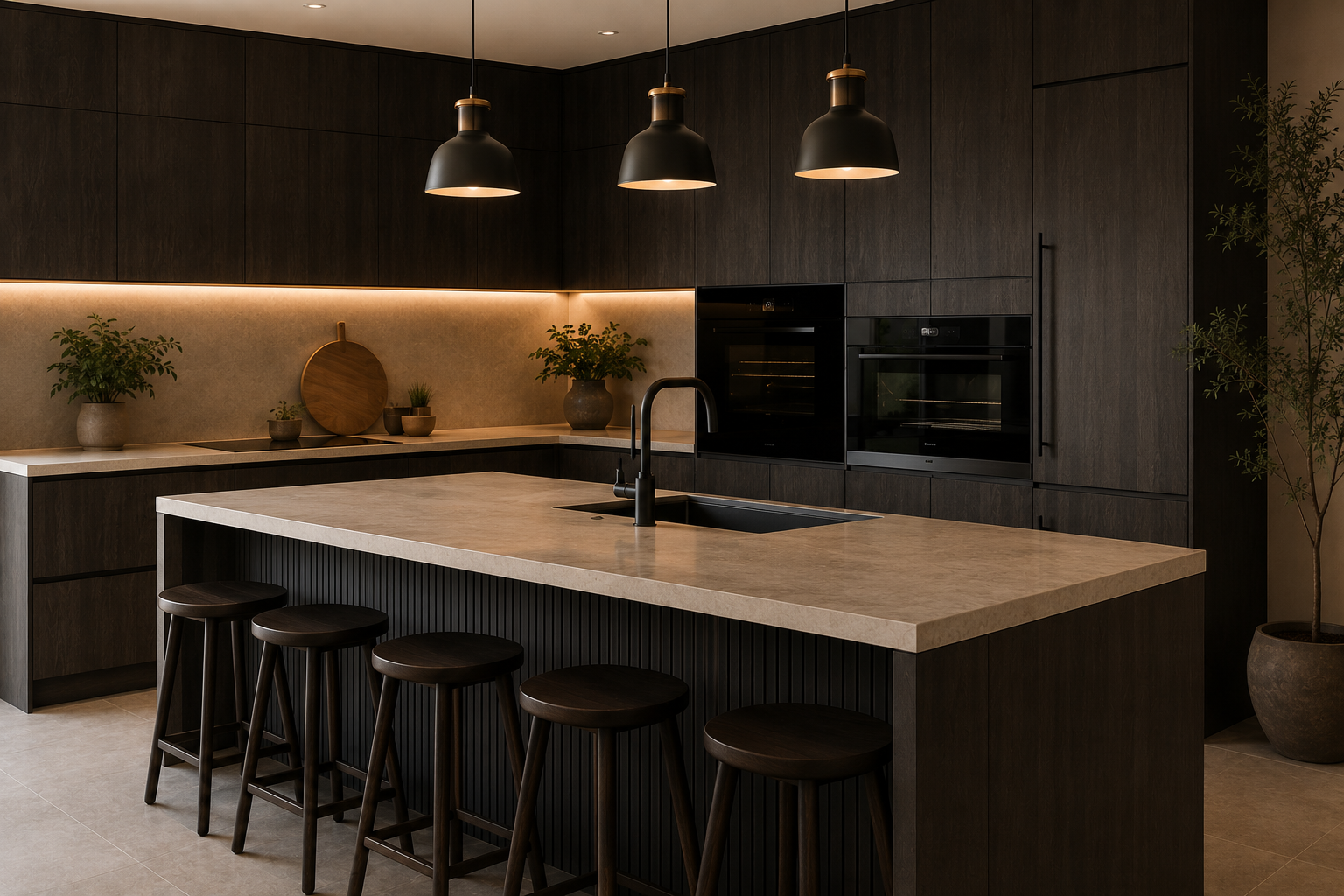 Modern black kitchen renovation with large island in Cape Town