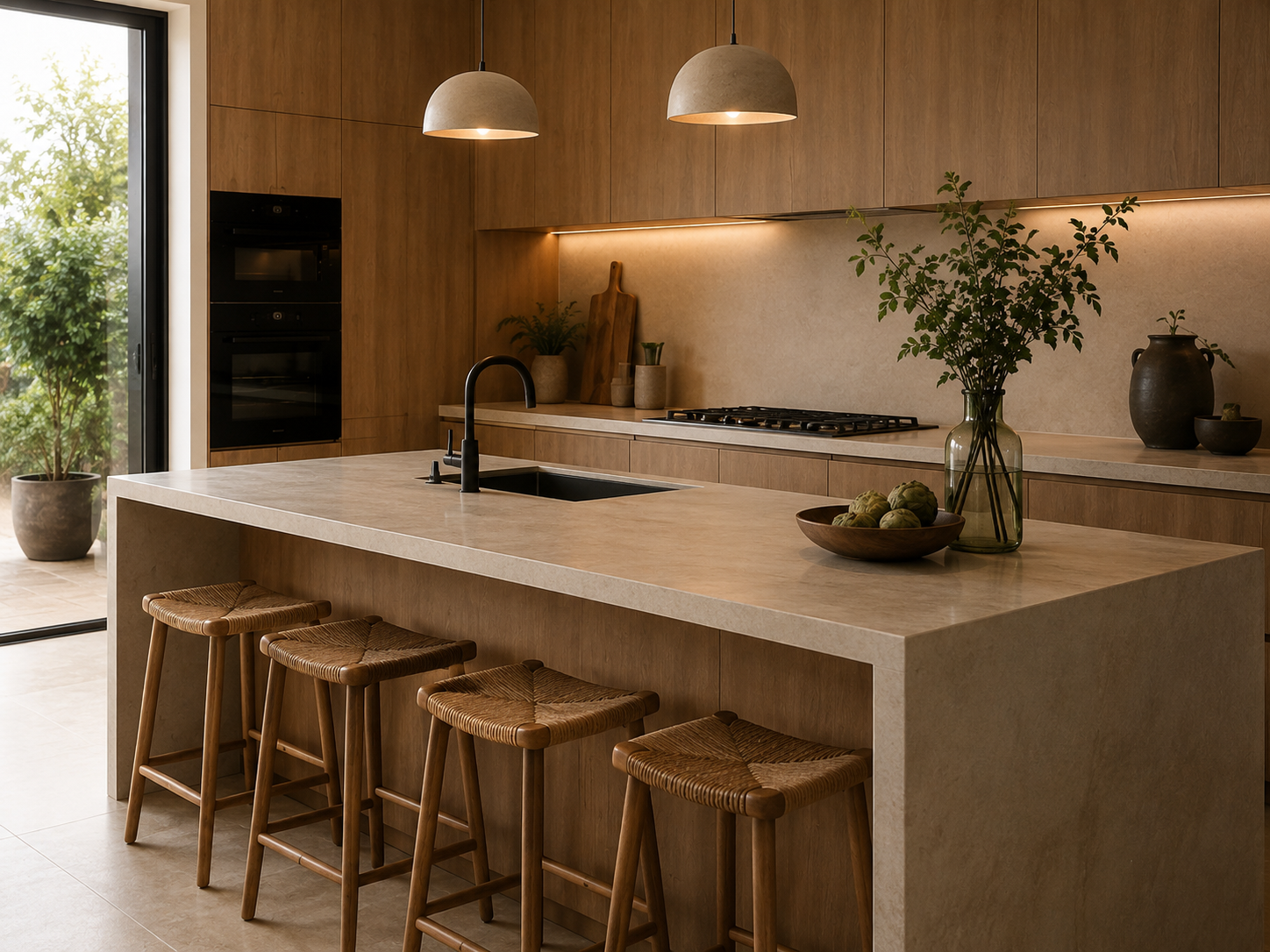 Warm timber kitchen with stone island and custom cabinetry in Cape Town