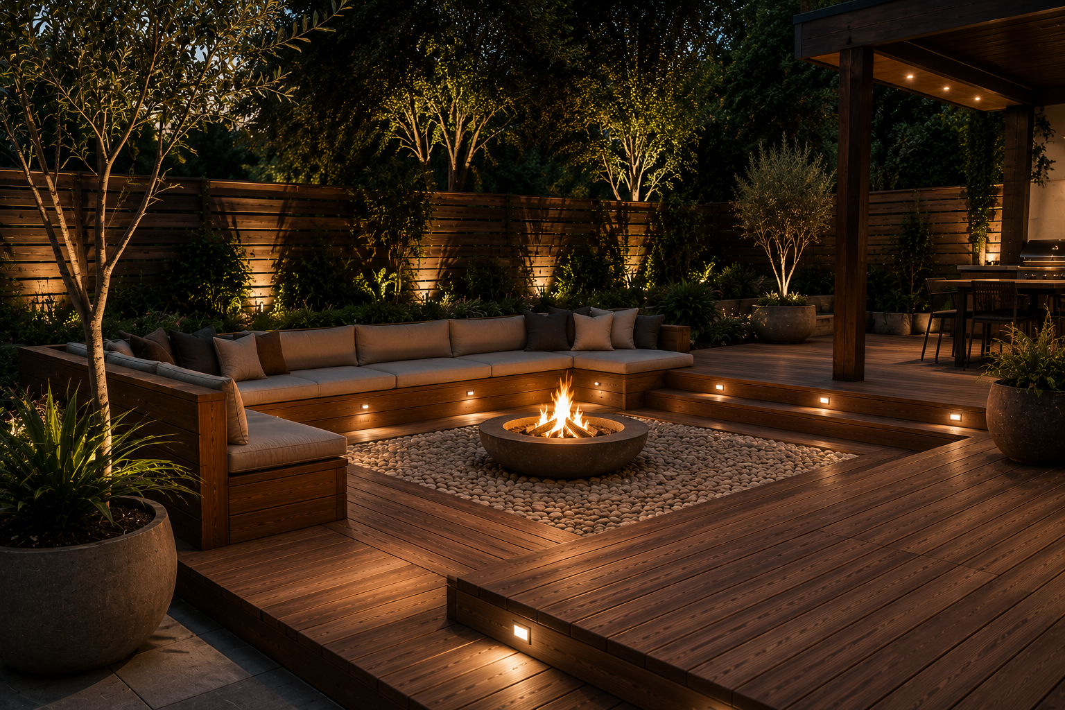 Timber decking with built-in seating and outdoor fire pit