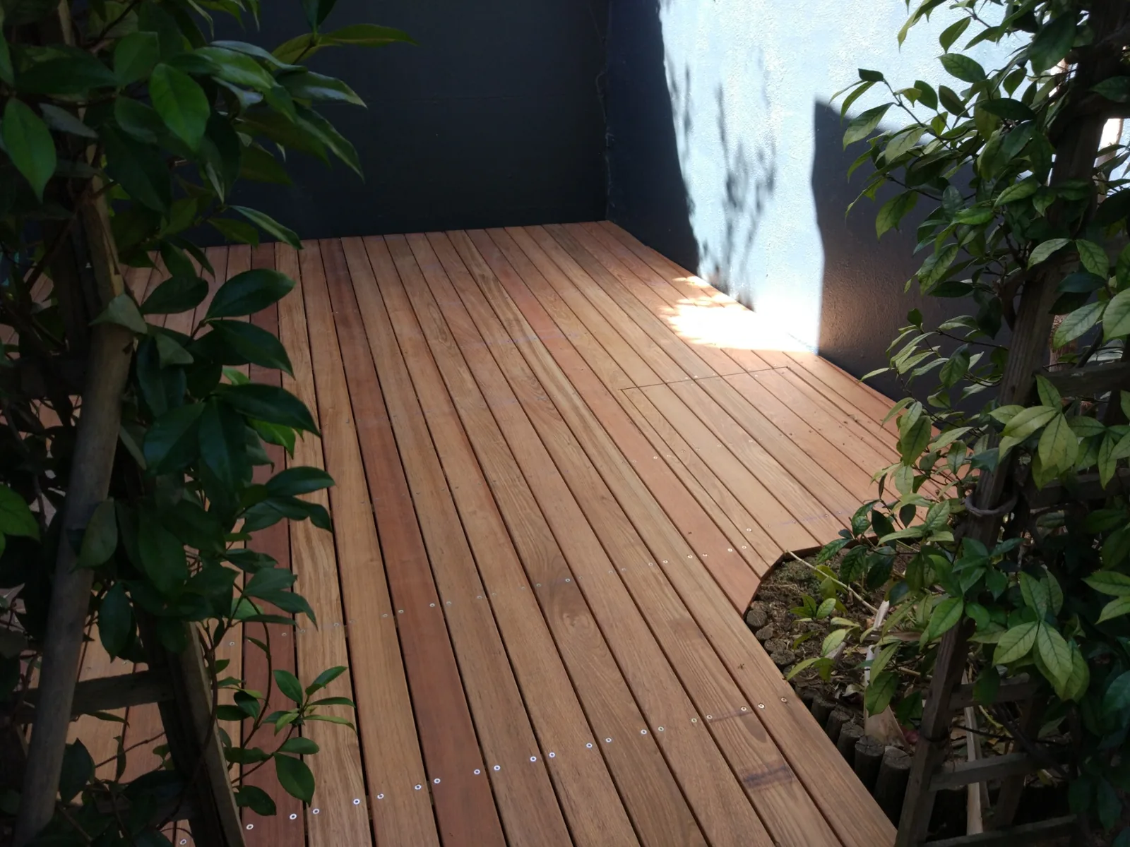 Jatoba timber decking installed in a sheltered garden courtyard with surrounding greenery